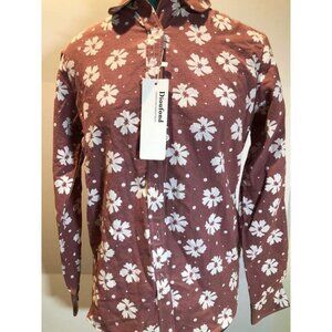Dioufond Shirt Mens Burgundy Brown Floral Button Up Long Sleeve Shirt Size L